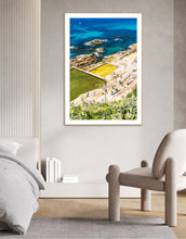 Load image into Gallery viewer, Bermagui Blue Pool original artwork featuring turquoise ocean waters, vibrant blue pool tones, and contrasting yellow and green Australian coastal colours.