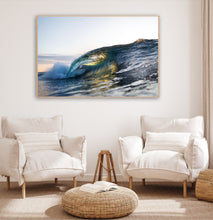 Load image into Gallery viewer, Ebrise – hollow wave barrel pitching over with golden morning sunrise light catching the interior of the curl, warm teal and amber tones, shot from water level, South Coast, Sapphire Coast, coastal decor photography by Greg Selby