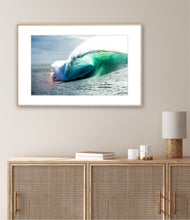 Load image into Gallery viewer, Emeris – vivid emerald green barrel wave fully formed against a moody grey sky, Australian coastline, fine art photography by Greg Selby South coast Australia wall hanging decor