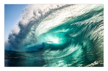 Load image into Gallery viewer, Viseary – large open barrel with a glowing teal and aqua interior, lip throwing over with dramatic white spray against a bright blue sky, shot from water level, South Coast, Sapphire Coast, surf and coastal photography by Greg Selby