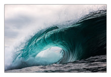 Load image into Gallery viewer, Emitior – massive teal-green barrel wave with tunnel visible, white water exploding off the lip against a heavy grey sky, shot from water level, Australian coastline, fine art photography by Greg Selby South Coast Coastal decor 